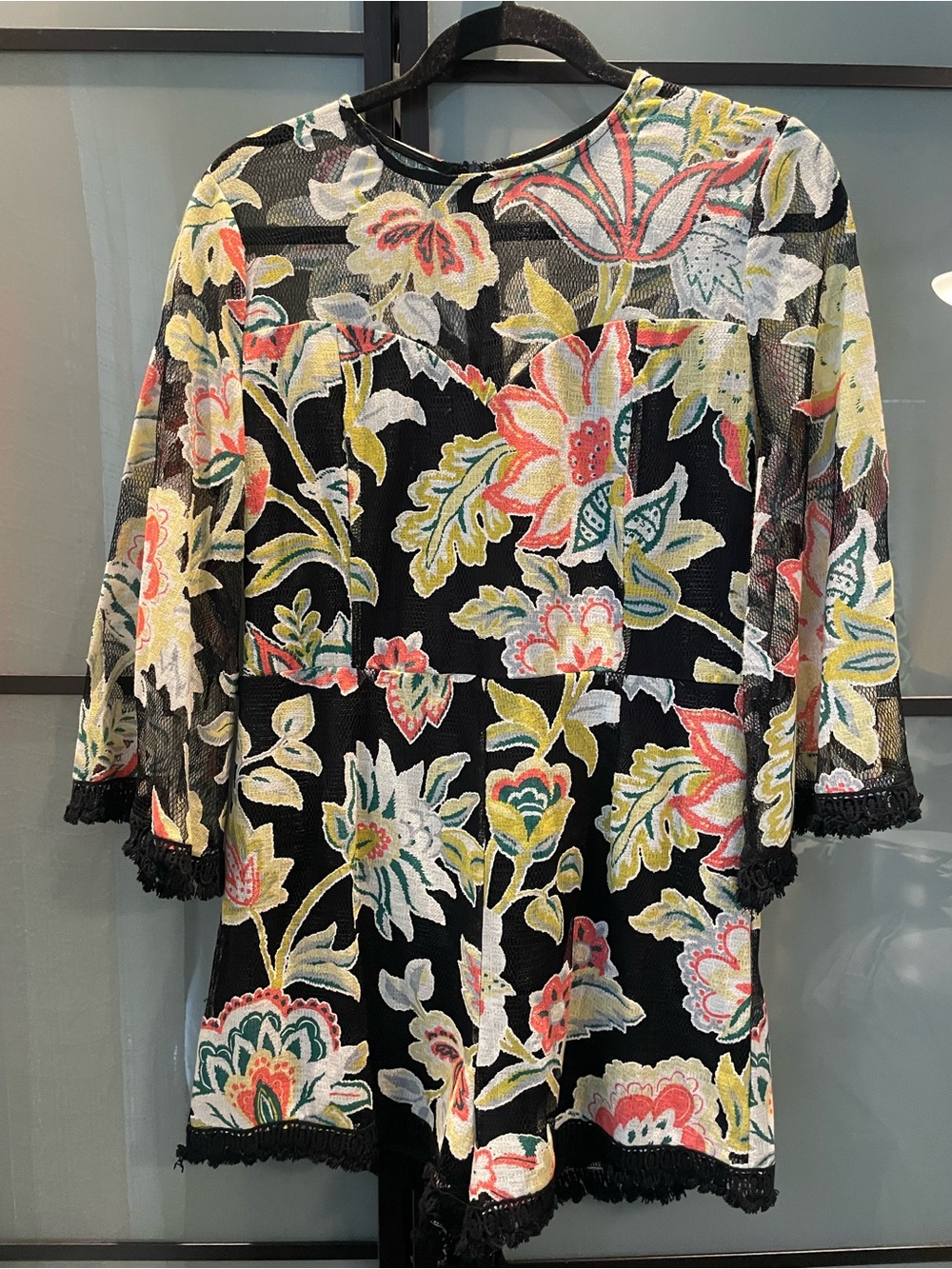 entro Black Floral Mesh Jumpsuit with Fringe Trim